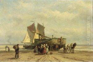 Fisherfolk By A Beached Bomschuit by Johannes Hermann Barend Koekkoek