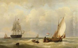 Sailors In A Rowingboat Approaching A Three-master At Sea