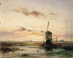 A Windmill In A Polder Landscape At Sunset