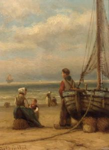 Fisherfolk On The Beach by Johannes Hermann Barend Koekkoek