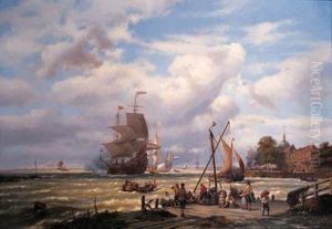 A V.o.c. Merchantship In The Roads Of Dordrecht With Numerousfigures On A Quay