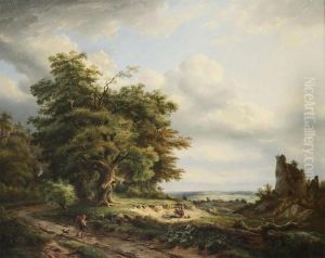 Wood Gatherers At The Fringe Of The Woods With Ruin by Marianus Adrianus Koekkoek