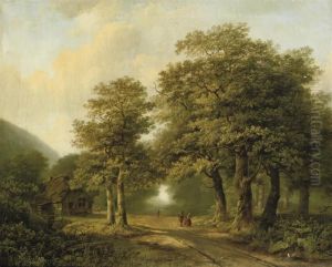 A Forest With Figures On A Sunlit Path by Marianus Adrianus Koekkoek