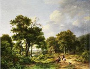 Landschaft Mit Strohgedeckter 
Hutte Am Rande Eines Eichenwaldchens Mit Reiter Und Wanderern