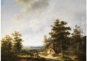 Baumlandschaft Mit Strohgedeckter Hutte Undfigurenstaffage