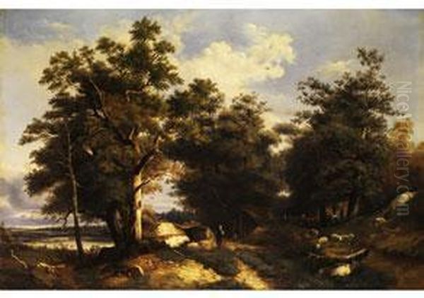 Grosse Baumlandschaft Mit Schindelgedeckter Viehhutte, Tierenund Figurenstaffage - view 1