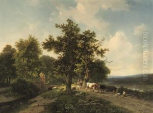 A Panoramic River Landscape With Cattle Near A Bridge