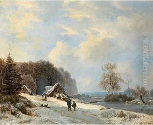 Winterliche Flusslandschaft Mit Holzsammlern