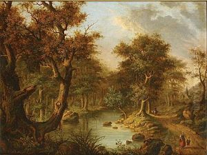 Bosweg Bij Rivier Met Personages. Bosweg Bij Rivier Met Personages.