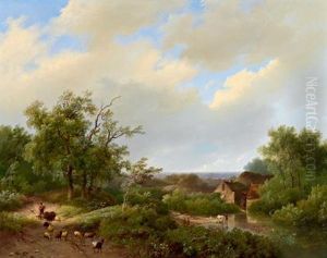 Ed Eugene Verboeckhoven Paesaggio Boschivo Con Mulino Ad Acqua E Pastori Accesori