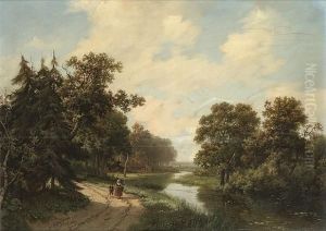 Figures On A Track In A Wooded River Landscape by Marianus Adrianus Koekkoek