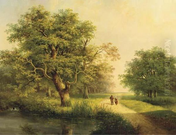 Travellers Passing A Stream In A Wooded Landscape - view 1