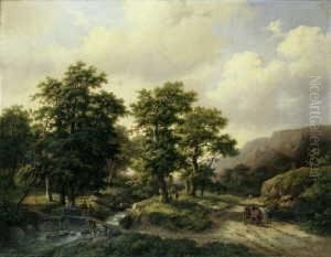 Mittelgebirgslandschaft Mit Pferdefuhrwerk.