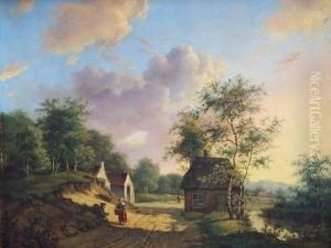 Weite Landschaft Mit Kleinem Haus Und Am Weg Ruhenden Passanten
