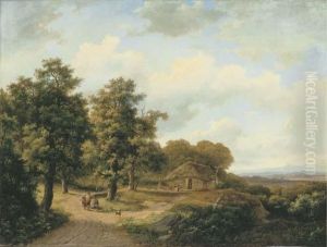 A Wooded Landscape With Peasants On A Country Road by Marianus Adrianus Koekkoek