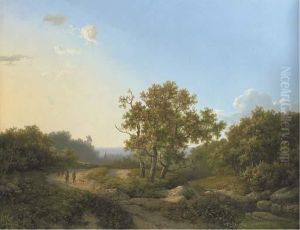 Travellers In A Wooded River Landscape by Marianus Adrianus Koekkoek
