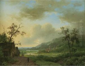 A Mountainous Landscape With Travellers By An Inn by Marianus Adrianus Koekkoek