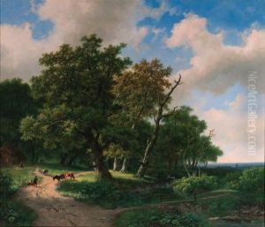 A Wooded Landscape With Cattle On A Forest Trail And A Bridgecrossing A Brook.