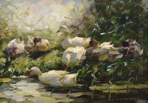 Ducks In The Reed At Pondshore. by Alexander Max Koester