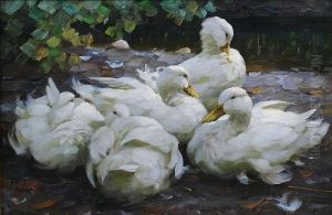 Five White Ducks Resting by Alexander Max Koester
