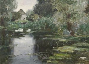Reichenau, Shore Landscape With House And Ducks by Alexander Max Koester