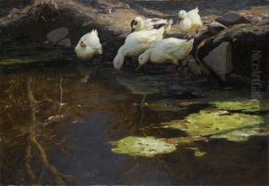 Funf Enten Am Teich Bei Abendstimmung by Alexander Max Koester