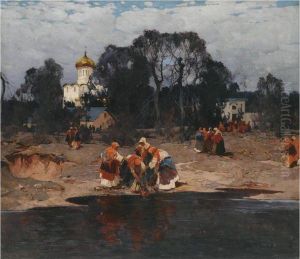 Women By A Lake by Stepan Feodorovich Kolesnikov