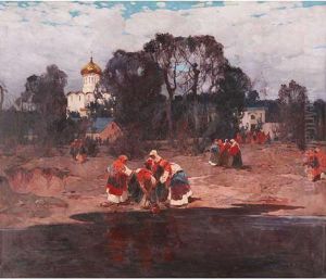 Village Scene With Women Fetching Water