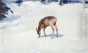 Deer In The Snow by Stepan Feodorovich Kolesnikov