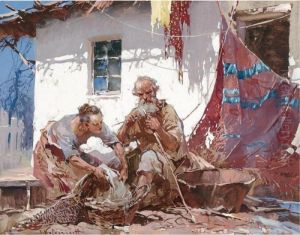 Mending The Nets by Stepan Feodorovich Kolesnikov