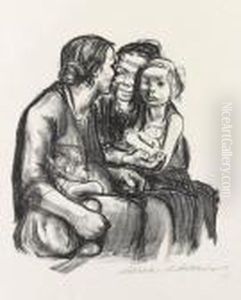 Zwei Schwatzende Frauen Mit Zwei Kindern by Kathe Kollwitz