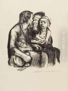 Zwei Schwatzende Frauen Mit Zwei Kindern. by Kathe Kollwitz