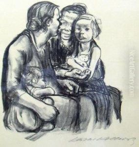 Zwei Schwatzende Frauen Mit Zwei Kindern by Kathe Kollwitz