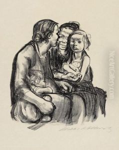 Zwei Schwatzende Frauen Mit Zwei Kindern (endgultige Fassung) by Kathe Kollwitz