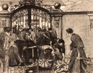 "streikende Am Parktor"ruckseite Beschriftet: Kollwitz "am Parktor" by Kathe Kollwitz