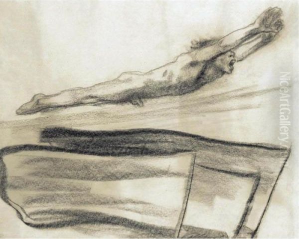 Fahnen, Drei Fahnen, Daruber
Eine Nach Rechts Aufwarts Schwebende Nackte Mannliche Gestalt (flags,
Three Flags, A Naked Male Figure Floating Above Them) - view 1