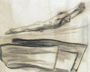 Fahnen, Drei Fahnen, Daruber 
Eine Nach Rechts Aufwarts Schwebende Nackte Mannliche Gestalt (flags, 
Three Flags, A Naked Male Figure Floating Above Them)