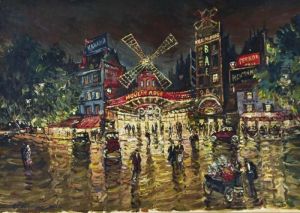 Darstellung Des Pariser Moulin Rouge In Abendlicher Beleuchtung.