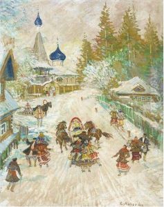 Troika Racing Through A Russian Village by Konstantin Alexeievitch Korovin