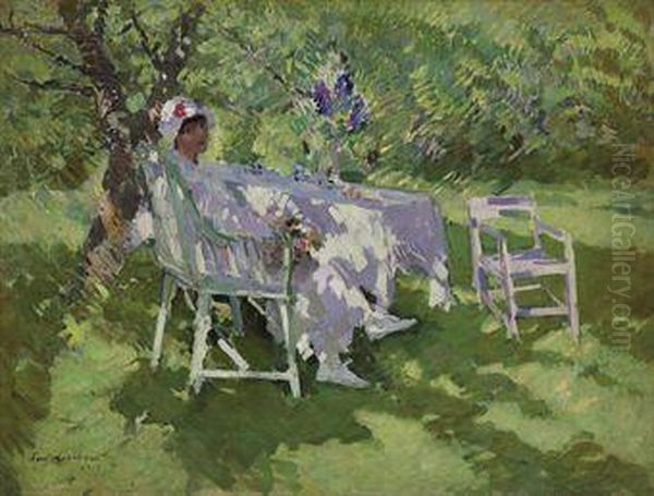 A Lady In White Seated In A Garden - view 1