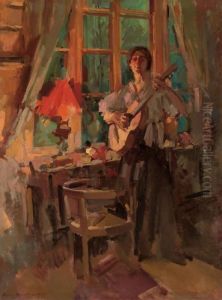 Woman Playing The Guitar by Konstantin Alexeievitch Korovin