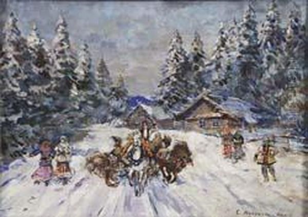 Darstellung Einer Winterlichen
Dorfszene Mittroikagespann Und Personen In Verschneiter Baumbestandener
Landschaft. - view 1