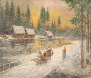Sunset Over A Winter Village by Konstantin Alexeievitch Korovin