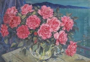 Roses In A Vase Against A Moonlitcoast by Konstantin Alexeievitch Korovin