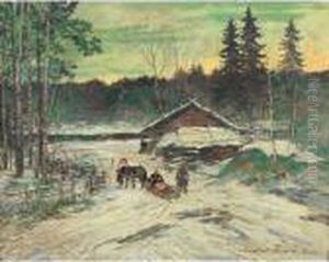 Chasseur Discutant Avec Une Femme Dans Un Traineau by Konstantin Alexeievitch Korovin