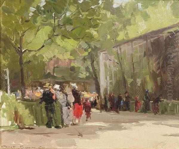 A Summer Day In The Zoo With 
Numerous Visitors At The Vivariums. Oil/cardboard, Signed And Inscribed 
"zoo", Verso On The Cardboard Inscribed "const. Korovine Zoo" - view 1