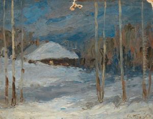 Isba Sous La Neige Le Soir by Konstantin Alexeievitch Korovin