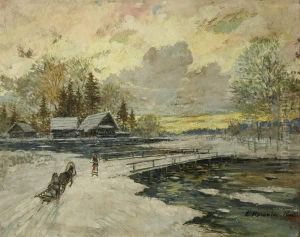 Winter Village With Horse Drawn Sled At Sunset
