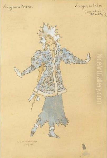 A Group Of Five Costume Designs
Comprising Snegurochka And Babylichka From Snegurochka , A Tartar And
Two Polovtsian Girls From Prince Igor - view 1