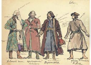 A Group Of Costume Designs For 
Khovanshchina: Khovanskii;khovanskii's Man-servant; Varsonofiev; And The
 Murderer